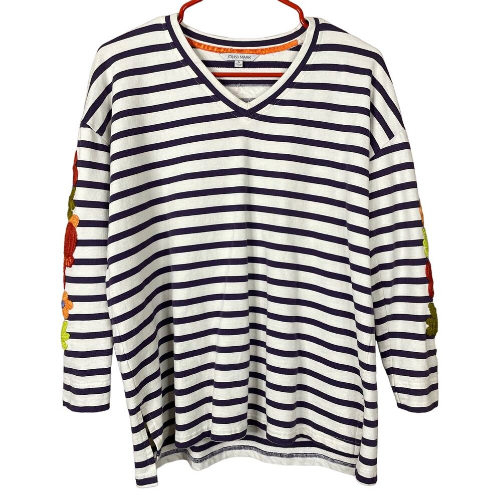 John Mark V-neck Top Long Sleeve White Purple Striped Embroidered Size Small